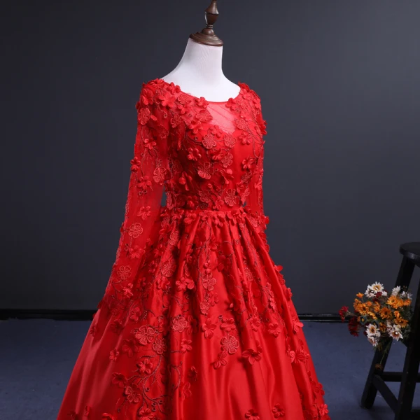 Charming Red See-through Prom Dresses 2018 Ball Gown Scoop Neck Long Sleeve Appliques Flower Chapel Train Ruffle Formal Dresses