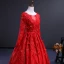 Charming Red See-through Prom Dresses 2018 Ball Gown Scoop Neck Long Sleeve Appliques Flower Chapel Train Ruffle Formal Dresses