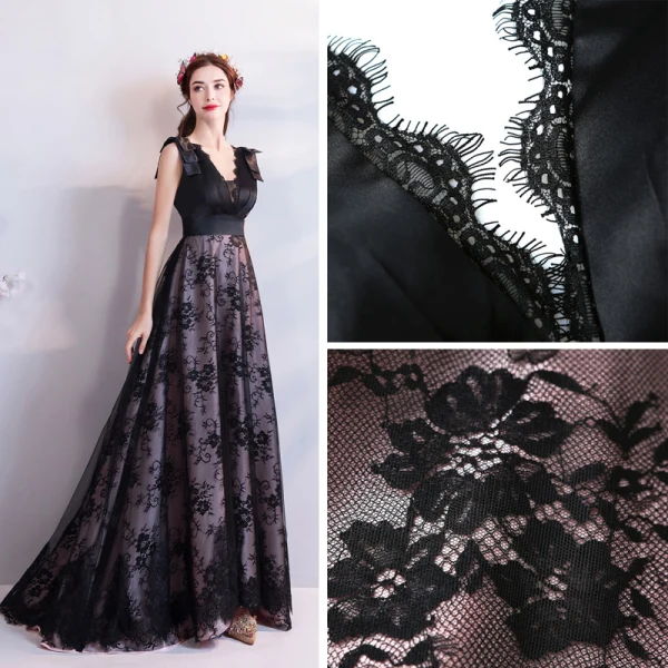 Chic / Beautiful Black 2018 Summer Evening Dresses V-Neck Tulle Lace-up Sleeveless A-Line / Princess Floor-Length / Long Crossed Straps Backless Printing Evening Party Formal Dresses