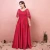 Chic / Beautiful Red Plus Size Evening Dresses  2018 A-Line / Princess Lace-up V-Neck Appliques Backless Beading Evening Party Prom Dresses