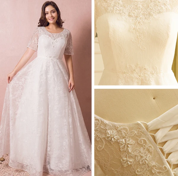 Snygga / Fina Elfenben Extra Stor Storlek Bröllopsklänningar 2018 Prinsessa Tyll U-Hals Snörning Beading Appliqués Halterneck Bröllop