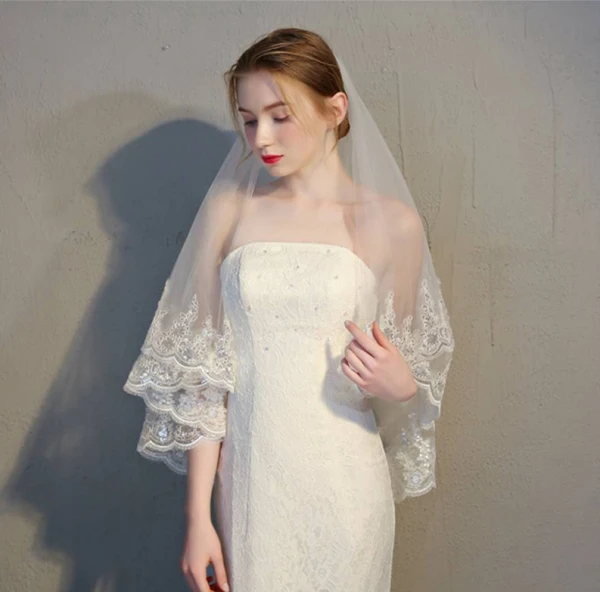 Classic Elegant White Wedding 2018 Tulle Appliques Beading Sequins Wedding Veils