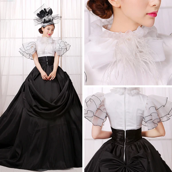 Vintage / Retro Ball Gown Black White Prom Dresses 2018 High Neck Tulle Chapel Train Puffy Zipper Buttons Beading Formal Dresses