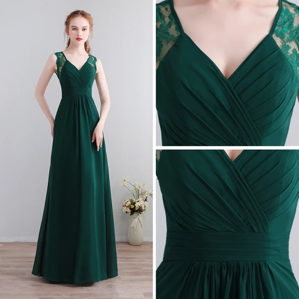 Modest / Simple Dark Green Floor-Length / Long Evening Dresses 2018 A-Line / Princess V-Neck Chiffon Lace-up Backless Evening Party Formal Dresses