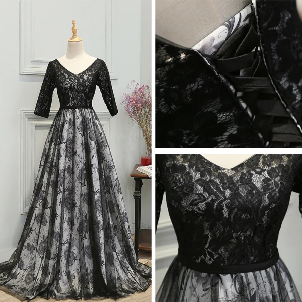 Flower Fairy Black Court Train Evening Dresses  2018 A-Line / Princess V-Neck Backless Printing Charmeuse Evening Party Prom Dresses