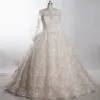 Classy Luxury / Gorgeous Ivory Cathedral Train Wedding 2018 Long Sleeve U-Neck Tulle Lace-up Appliques Backless Beading Pearl Handmade  Ball Gown Wedding Dresses
