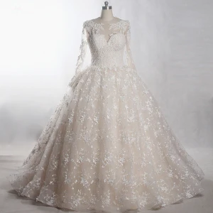Edles Luxus Herrlich Ivory Creme Kathedrale Schleppe Hochzeit 2018 Lange Ärmel U Ausschnitt Tülle Schnüren Applikationen Rückenfreies Perlenstickerei Perle Handgefertigt Ballkleid Brautkleider