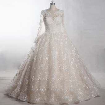 Edles Luxus Herrlich Ivory Creme Kathedrale Schleppe Hochzeit 2018 Lange Ärmel U Ausschnitt Tülle Schnüren Applikationen Rückenfreies Perlenstickerei Perle Handgefertigt Ballkleid Brautkleider