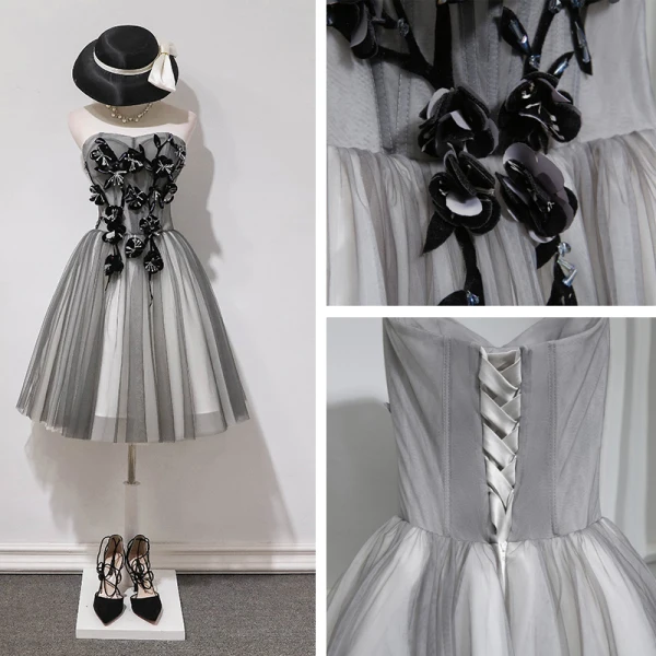 Chic / Beautiful Grey Short Graduation Dresses 2018 A-Line / Princess Tulle Appliques Backless Beading Strapless Homecoming Formal Dresses