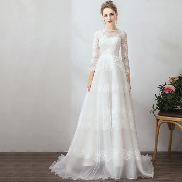 Klassisch Elegante Weiß Abendkleider 2019 A Linie 3/4 Ärmel U-Ausschnitt Spitze Tülle Applikationen Rückenfreies Roter Teppich Arbeit Festliche Kleider