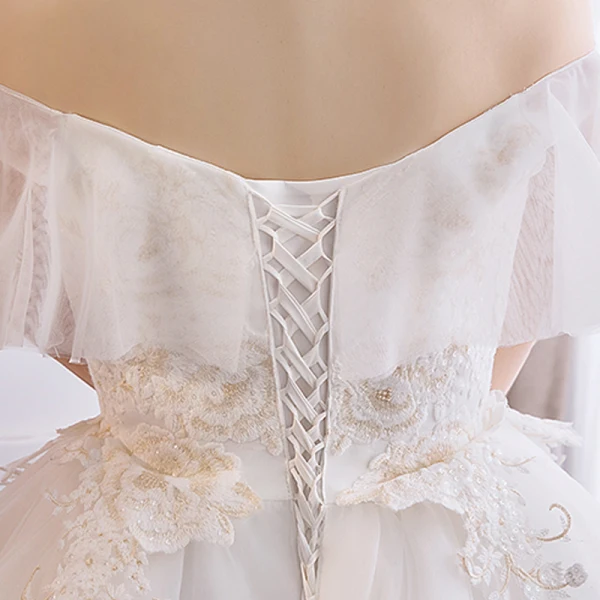 Mooie / Prachtige Witte Baljurk Trouwjurken 2019 Kanten Tule Appliques Ruglooze Geborduurde Chapel Train Strapless Huwelijk