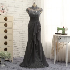 Luxury Gorgeous Grey Trumpet Mermaid Mother Of The Bride Dresses 2019 Lace Organza Handmade Backless Beading High Neck Appliques Sequins Church Sweep Train Wedding Party Dresses