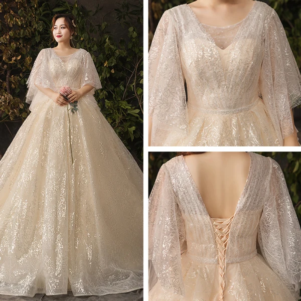 Glitzernden Bling Bling Champagner Übergröße Brautkleider / Hochzeitskleider 2019 A Linie V-Ausschnitt Tülle Glanz Pailletten Kapelle-Schleppe Hochzeit