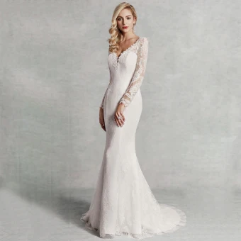 Moderne Mode Sexy Ivoire Robe De Mariée 2020 Trompette Sirène V Cou Dentelle 3d Manches Longues Appliques Dos Nu Brodé Train De Balayage Mariage