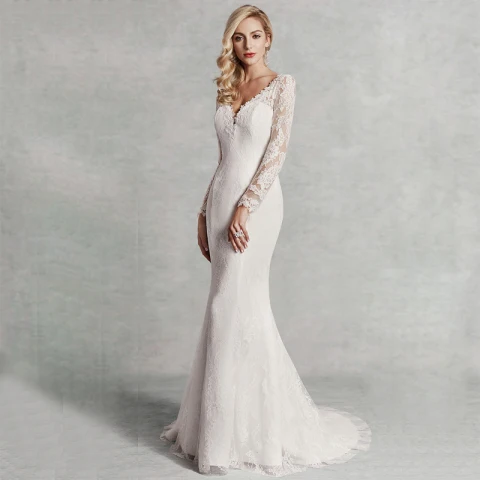 Mode Sexy Ivory / Creme Brautkleider / Hochzeitskleider 2020 Meerjungfrau V-Ausschnitt 3D Spitze Lange Ärmel Applikationen Rückenfreies Stickerei Sweep / Pinsel Zug Hochzeit