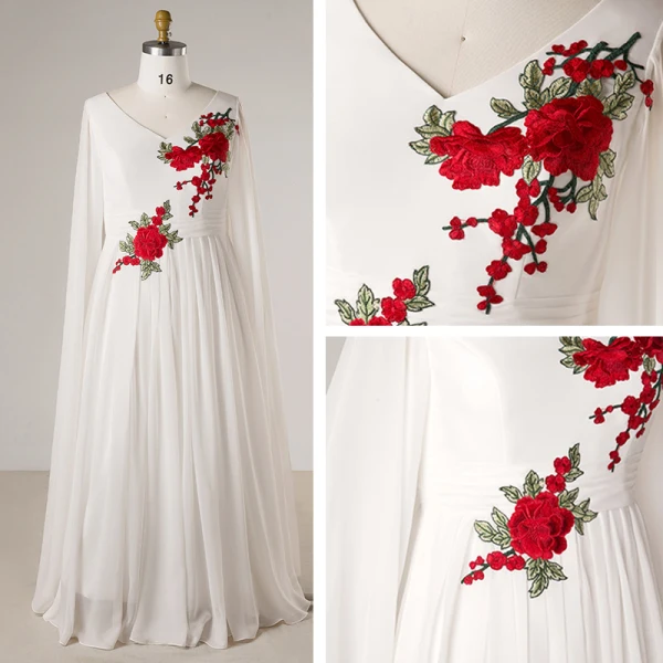 Chinese style White Plus Size Evening Dresses  2018 Zipper Up A-Line / Princess V-Neck Chiffon Embroidered Evening Party Formal Dresses