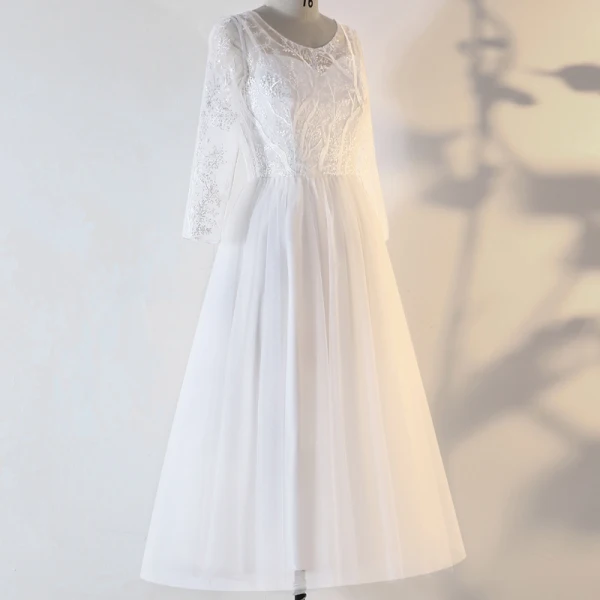 Chic / Belle Blanche Grande Taille Robe De Soirée 2020 Dentelle U-Cou Fait main Perlage Paillettes Brodé Bande Thé Longueur Soirée Été Manches Longues Princesse Robe De Ceremonie