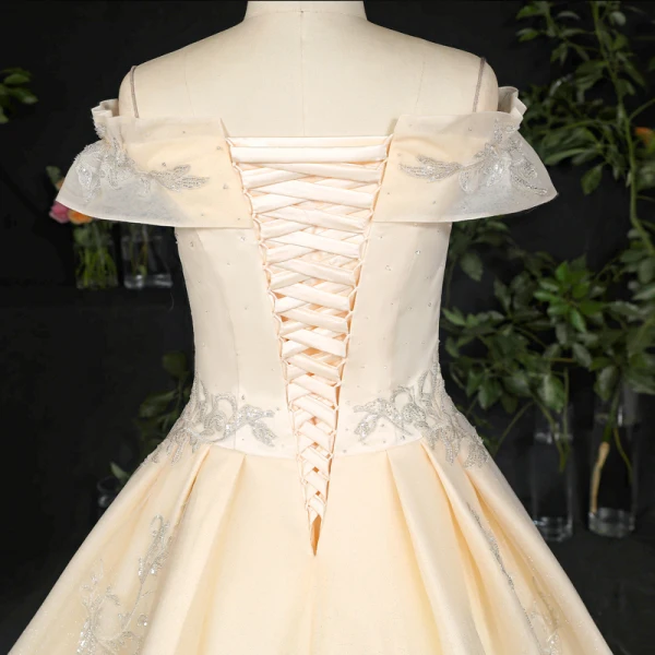 Sexy Atemberaubend Champagner Plus Größe Ballkleid Brautkleider / Hochzeitskleider 2020 Spitze Tülle Gekreuzte Träger Handgefertigt Perlenstickerei Pailletten Applikationen Rückenfreies Kapelle-Schleppe Hochzeit