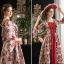 Vintage Mittelalterlich Burgunderrot Ballkleid A Linie Abendkleider Ballkleider 2021 Gekreuzte Träger Lange Eckiger Ausschnitt 1/2 Ärmel Drucken Blumen Satin Cosplay Ball Abend Festliche Kleider