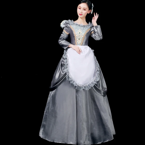 Vintage / Retro Medieval Grey Ball Gown Prom Dresses 2021 U-Neck Long Sleeve Floor-Length / Long Crossed Straps Lace Embroidered Cosplay Prom Formal Dresses