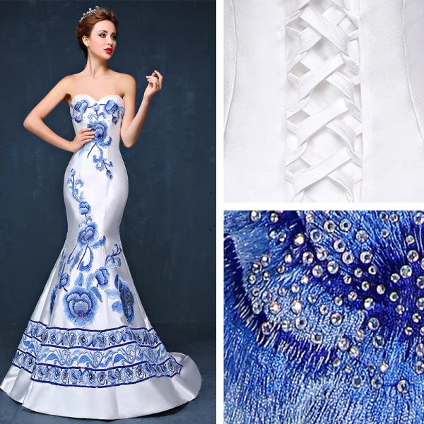 Modern / Fashion Chinese style White Court Train Evening Dresses 2018 Trumpet / Mermaid Charmeuse Appliques Beading Embroidered Rhinestone Evening Party Formal Dresses