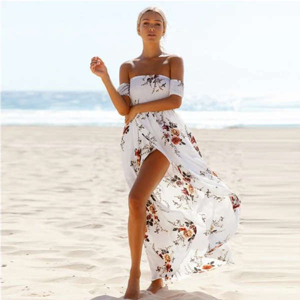 Mote Rødmende Rosa Te-lengde Maxikjoler 2018 Prinsesse Chiffon Brodert Printing Strapless Strand Dameklær