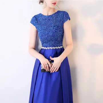 Abordable Bleu Roi Robe De Soirée 2017 Manches Courtes Perlage Faux Diamant Ceinture Volants Satin Robe De Ceremonie