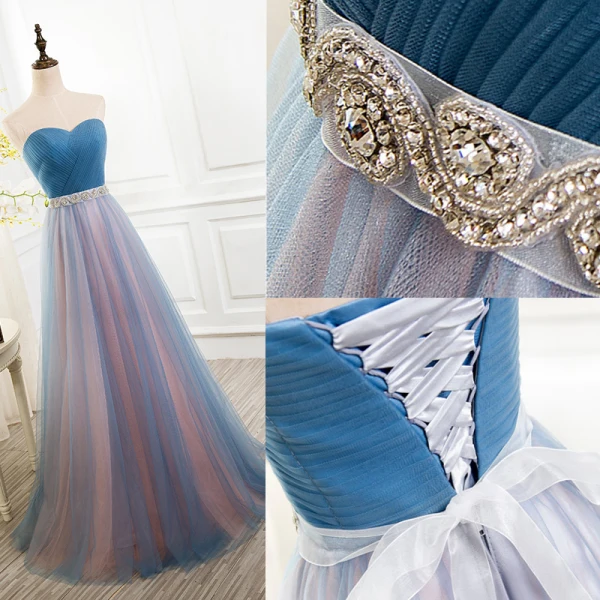 Chic / Beautiful 2017 Evening Dresses  Sky Blue Chiffon Striped Strapless Rhinestone A-Line / Princess Formal Dresses