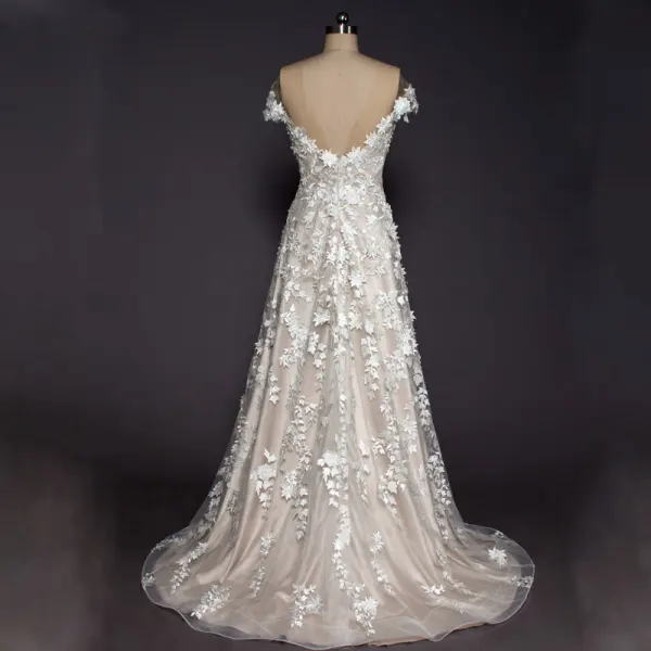 Luxury / Gorgeous Champagne Beach Wedding Dresses 2017 A-Line / Princess Scoop Neck Short Sleeve Appliques Lace Backless Detachable Chapel Train