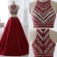 Glittrande 2 Bit Burgundy Balklänningar 2017 Prinsessa Urringning Ärmlös Beading Kristall Rhinestone Långa Satin Formella Klänningar