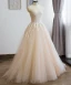Chic / Beautiful Champagne Tulle Wedding Dresses 2017 A-Line / Princess Scoop Neck Sleeveless Crossed Straps Appliques Lace Sweep Train