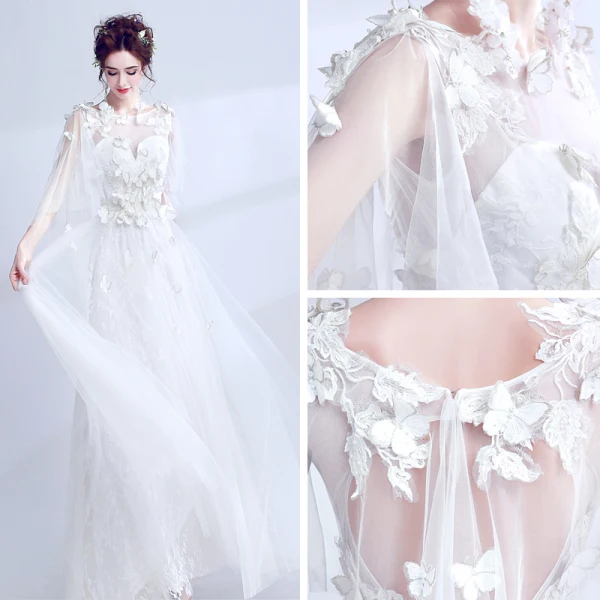 Chic / Beautiful White Evening Dresses 2018 U-Neck Tulle Butterfly Appliques Backless Evening Party Formal Dresses
