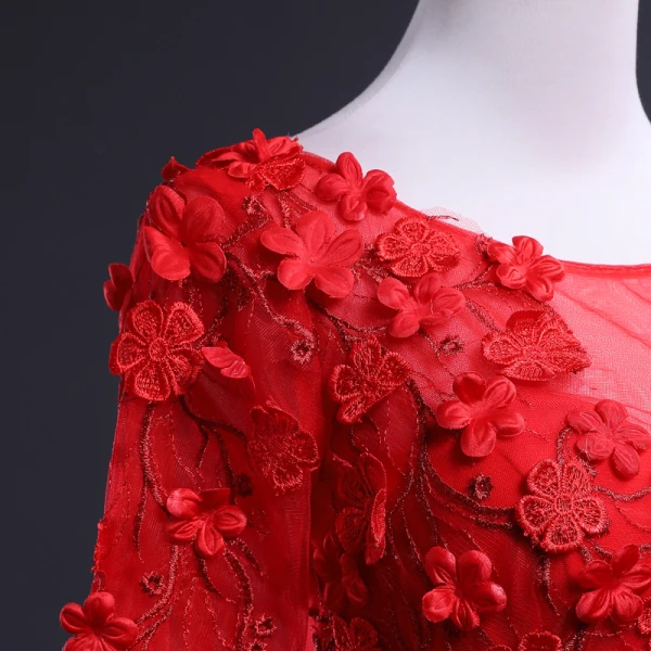 Charming Red See-through Prom Dresses 2018 Ball Gown Scoop Neck Long Sleeve Appliques Flower Chapel Train Ruffle Formal Dresses
