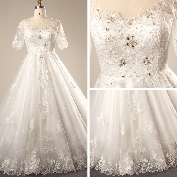 Luxury / Gorgeous Ivory 2018 Wedding Crossed Straps Lace Tulle U-Neck 1/2 Sleeves Appliques Backless Beading Summer Ball Gown Wedding Dresses