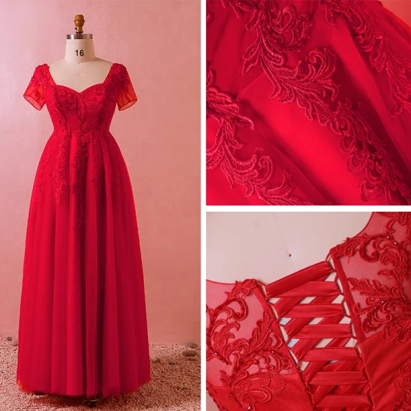 Chic Beautiful Red Plus Size Evening Dresses 2018 A-Line Princess U-Neck Tulle Lace