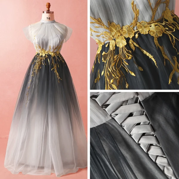 Chic / Belle Gris Grande Taille Robe De Soirée 2018 Princesse Tulle Col Haut Bretelles croisées Appliques Dos Nu Été Soirée Robe De Ceremonie