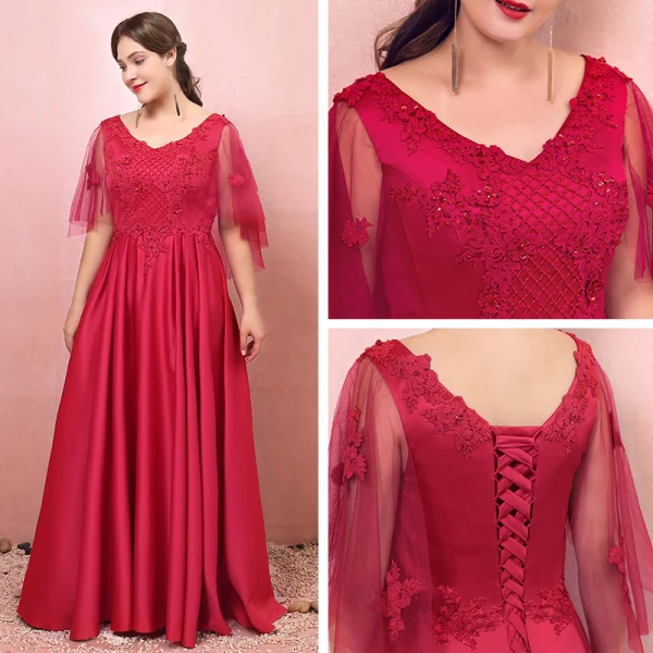 Chic / Beautiful Red Plus Size Evening Dresses  2018 A-Line / Princess Lace-up V-Neck Appliques Backless Beading Evening Party Prom Dresses