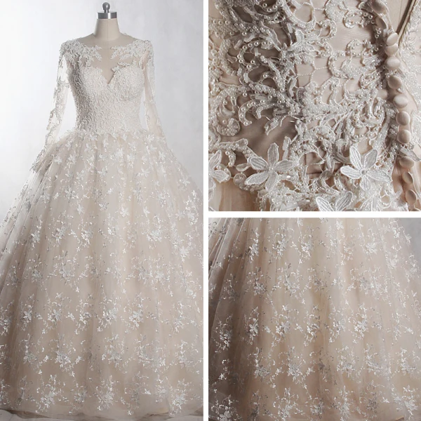 Stijlvolle Luxe Ivoor Cathedral Train Huwelijk 2018 Lange Mouwen U-hals Tule Lace-up Appliques Ruglooze Kralen Parel Handgemaakt Baljurk Trouwjurken