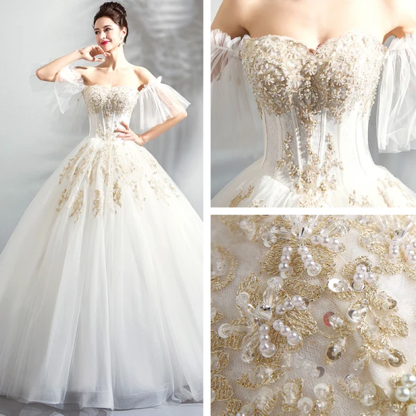 Luxury / Gorgeous Floor-Length / Long White Wedding 2018 Lace-up Tulle Strapless Appliques Backless Beading Ball Gown Wedding Dresses