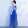 Sparkly Bling Bling Royal Blue Floor-Length / Long Evening Dresses  2018 V-Neck Tulle Beading Sequins Starry Sky Evening Party Formal Dresses