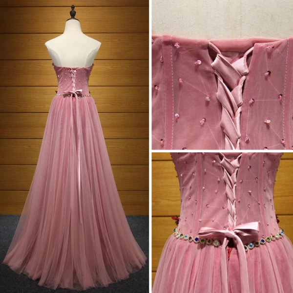 Chic / Belle Rougissant Rose Robe De Soirée 2017 Princesse Bustier Tulle Perlage Appliques Dos Nu Soirée Robe De Ceremonie