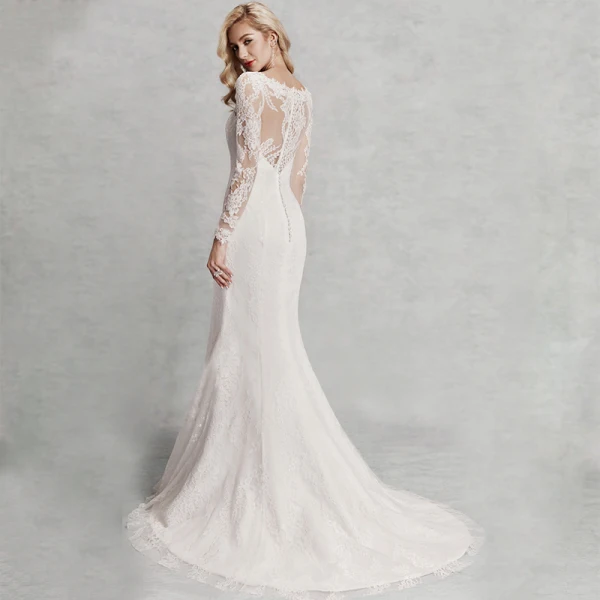 Modern / Fashion Sexy Ivory Wedding Dresses 2020 Trumpet / Mermaid V-Neck 3D Lace Long Sleeve Appliques Backless Embroidered Sweep Train Wedding