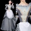 Vintage / Retro Medieval Grey Ball Gown Prom Dresses 2021 U-Neck Long Sleeve Floor-Length / Long Crossed Straps Lace Embroidered Cosplay Prom Formal Dresses
