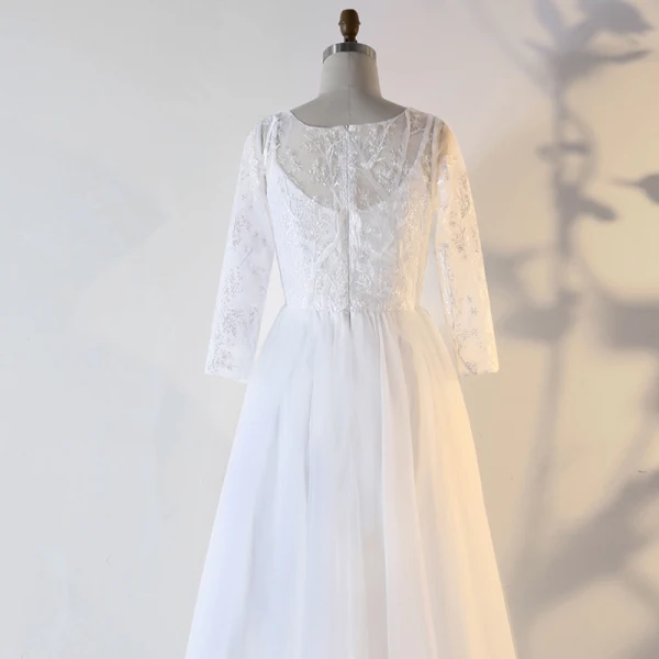 Chic / Belle Blanche Grande Taille Robe De Soirée 2020 Dentelle U-Cou Fait main Perlage Paillettes Brodé Bande Thé Longueur Soirée Été Manches Longues Princesse Robe De Ceremonie