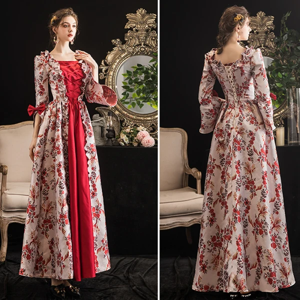 Vintage Mittelalterlich Burgunderrot Ballkleid A Linie Abendkleider Ballkleider 2021 Gekreuzte Träger Lange Eckiger Ausschnitt 1/2 Ärmel Drucken Blumen Satin Cosplay Ball Abend Festliche Kleider