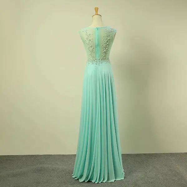 Chic / Beautiful Royal Blue Evening Dresses 2017 A-Line / Princess Scoop Neck Sleeveless Beading Pearl Ruffle Chiffon Floor-Length / Long Formal Dresses