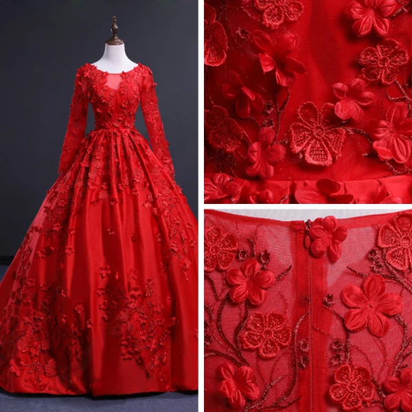 Charming Red See-through Prom Dresses 2018 Ball Gown Scoop Neck Long Sleeve Appliques Flower Chapel Train Ruffle Formal Dresses