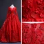 Charming Red See-through Prom Dresses 2018 Ball Gown Scoop Neck Long Sleeve Appliques Flower Chapel Train Ruffle Formal Dresses