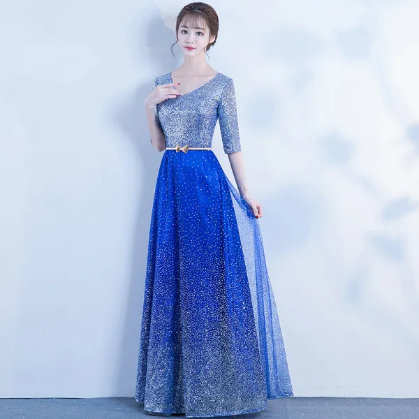 Sparkly Bling Bling Royal Blue Floor-Length / Long Evening Dresses  2018 V-Neck Tulle Beading Sequins Starry Sky Evening Party Formal Dresses