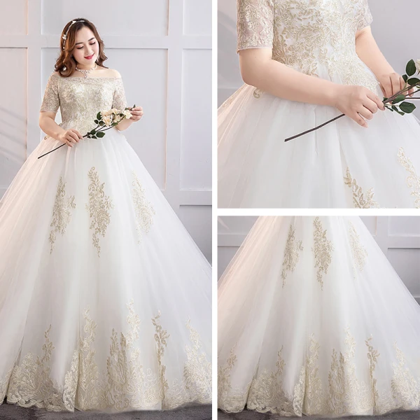 Unique Blanche Grande Taille Robe De Mariée 2019 Princesse Chapel Train En Dentelle Manches Courtes Appliques Bustier Dos Nu Église Mariage
